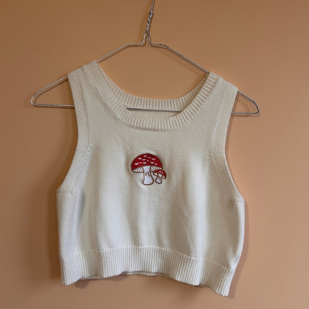 Sold: White Knit Tank Top with Red Mushroom Embroidery